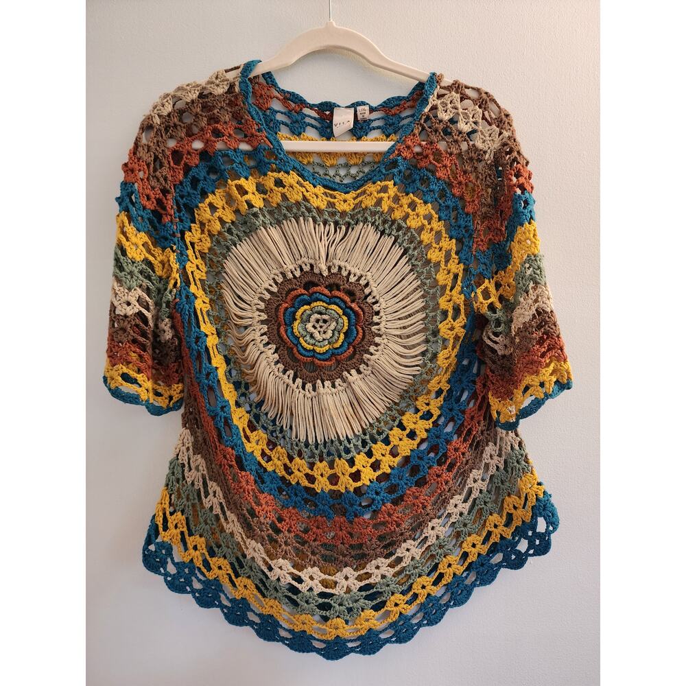 Vila Milano Crochet Mandala Fringe Poncho Top L/XL